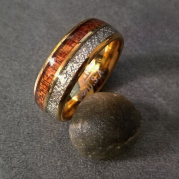 Men's Gold Meteor and Koa Wood Tungsten Wedding Ring - Wedding Ring For Him - Picture 3 of 7